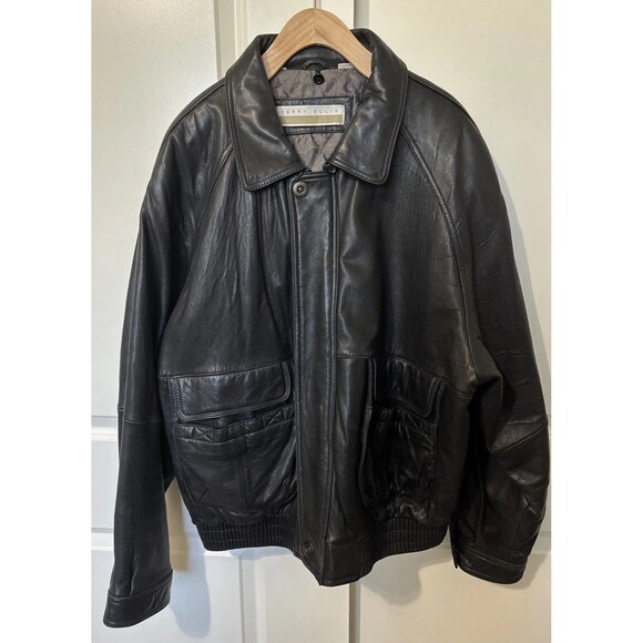 Perry Ellis Leather Bomber Jacket XL Very Soft Quilt Lined - Picture 1 of 16